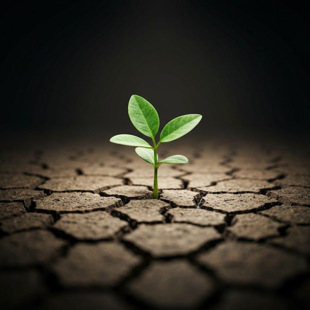 Small seedling emerging from cracked dry earth